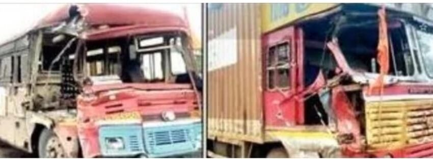 एसटी बस- कंटेनर अपघात; दोघे गंभीर जखमी