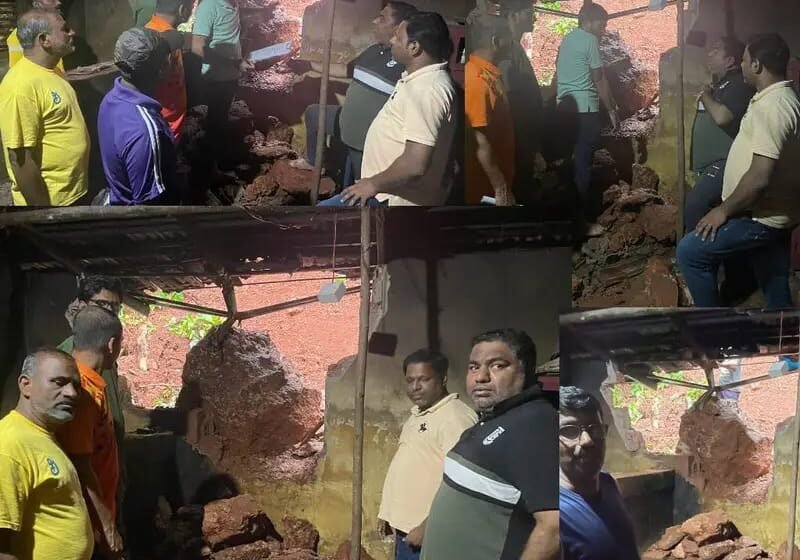 सैतवडे बनवाडी येथे दरड कोसळल्याने घराची भिंत पडली